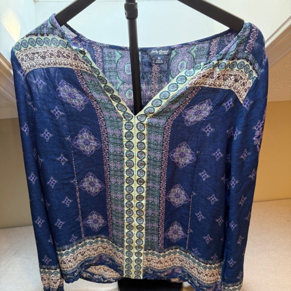 Lucky Brand V Neck Tunic Floral Mosaic Pattern Navy White Purple M - Picture 7 of 11